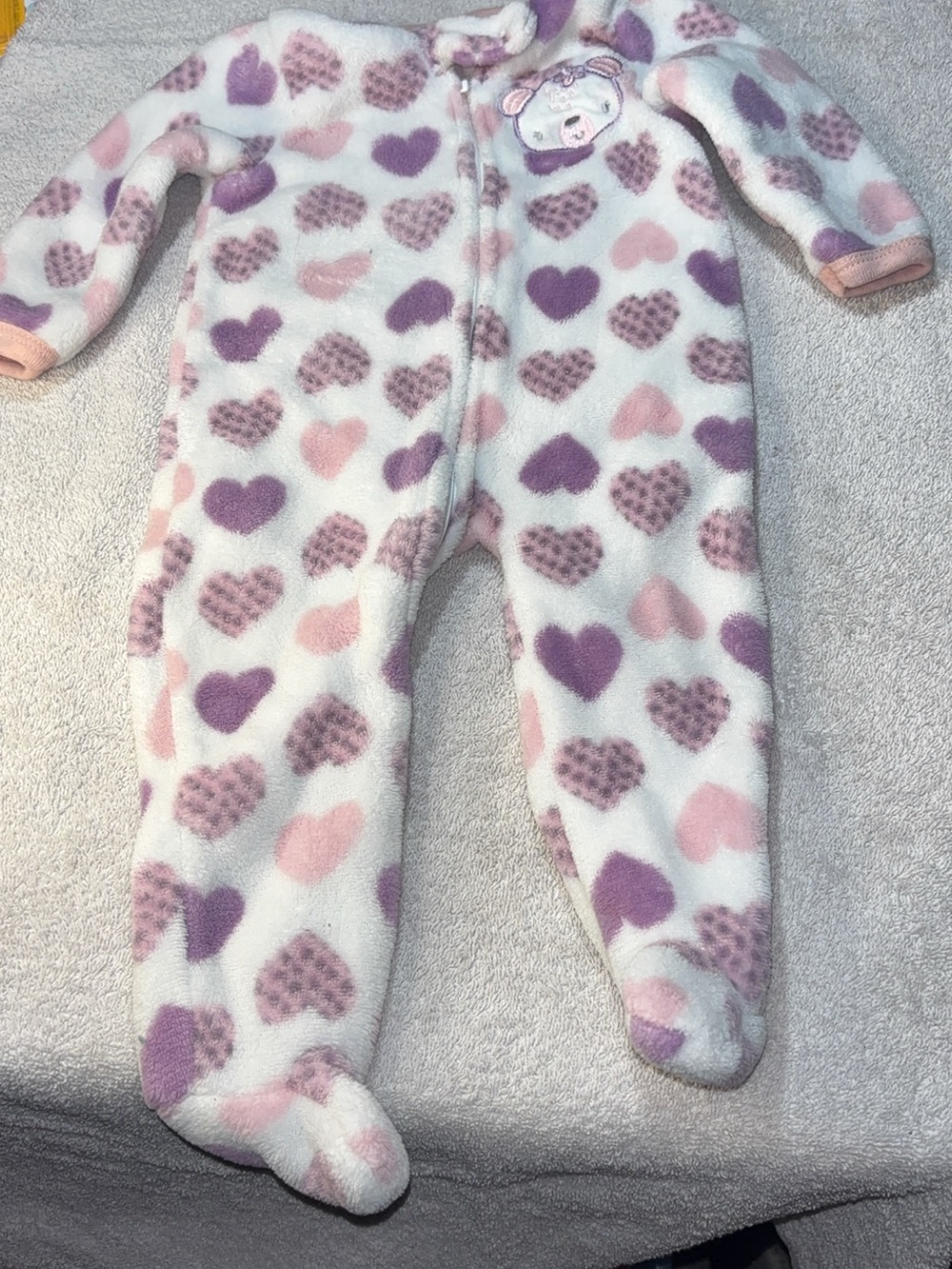 Carter's White Fleece Footed One-Piece with Pink & Purple Hearts